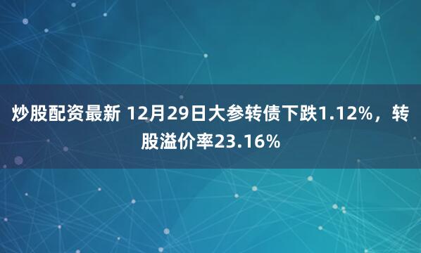炒股配资最新 12月29日大参转债下跌1.12%，转股溢价率23.16%